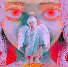 an angel with white hair and red eyes stands in front of a painting that appears to be colored