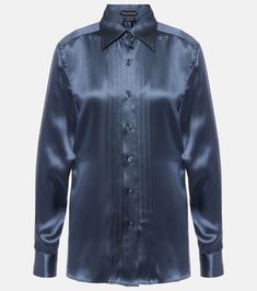 Find TOM FORD Plissé Silk Charmeuse Shirt on Editorialist. Material: 100% silk. Care instructions: dry clean. Made in Italy. Designer color name: Navy Blue. Closure: buttoned front. Contains non-textile parts of animal origin. Tom Ford Clothing, Blue Button Up Shirt, Satin Shirt, Silk Charmeuse, Silk Shirt, Long Tops, Tom Ford, Designing Women, Black Shirt