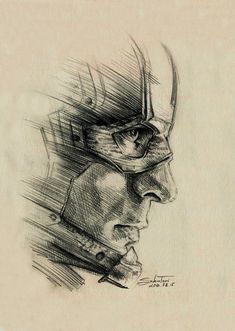 a pencil drawing of a man's face with glasses on his head and one eye open