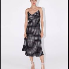 Zara Women’s Polkadot Satin Dress | Size Small | Color Black And White Sleeveless Polka Dot Midi Dress For Evening, Elegant Polka Dot Midi Dress For Summer, Elegant Polka Dot Midi Dress For Spring, Polka Dot Midi Dress For Date Night, Chic Polka Dot Dress For Night Out, Zara Casual Polka Dot Midi Dress, Zara Casual Midi Dress With Polka Dot Pattern, Casual Zara Midi Dress With Polka Dot Pattern, Casual Zara Midi Dress With Polka Dot Design