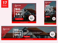 three banners for a real estate sale with houses in the background and text that reads, big freedom sale up to 50 % off