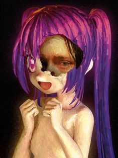 a digital painting of a girl with purple hair and piercings on her face, holding a toothbrush