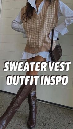 Sweater Vest With Long Sleeve Shirt, Oversized Button Up Shirt Outfit With Sweater Vest, Oversized Boots, Basic Shirt Outfit, Fitted V-neck Sweater Vest For Layering, Oversized Sweater Vest Outfit, Tank-style Sweater Vest For Fall Layering, Outfits With Vests, Sweater Vest Outfits