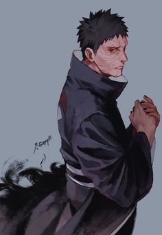 a drawing of a man with black hair wearing a coat and holding his hands together