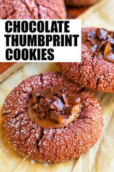 chocolate thumbprint cookies on top of each other with the words chocolate thumbprint cookies above them