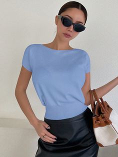 Solid Color Slim Fit Open Shoulder Short Sleeve Knitted Top For Women Blue Casual,Sexy  Short Sleeve Knitwear Plain  Medium Stretch Summer Women Clothing, size features are:Bust: ,Length: ,Sleeve Length: Knit Tops, Knitted Top, Top For Women, Knitwear Women, Open Shoulder, Summer Women, Women Clothing, Knit Top, Length Sleeve