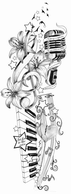 a drawing of a microphone with musical notes and flowers on it, as well as music notes