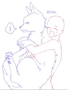 a drawing of a person hugging a wolf