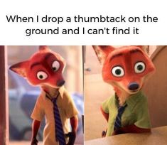 two pictures of a red fox wearing a tie with caption that reads, when i drop a thumbback on the ground and i can't find it