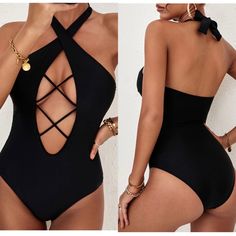 Black Cut-Out Criss Cross Halter Neck One-Piece Swimsuit Halter Neck, Sleeveless And Bodycon Style Show Off Your Charming Figure The Cut-Out Design With The Criss Cross Drawstring To Show Your Sexy Curve The Swimsuit Has The Tummy Control Design To Cover Your Tummy You Can Wear The Swimwear For Your Summer Beach Trip And Enjoy A Good Time 82%Nylon+18%Spandex Wire Free With Padding Small: 4-6, Hip 28.5” Medium: 8-10, Hip 30” Large: 12-14, Hip 33.1” Extra Large: 16-18, Hip 35.4” 2xl: 20, Hip 38” Black Sleeveless One Piece For Pool, Black Sleeveless One-piece Swimsuit For Poolside, Black Sleeveless One-piece For Poolside, Sleeveless Black One-piece For Poolside, Black Sleeveless Beachwear One Piece, Elegant Black Sleeveless One Piece, Elegant Black Sleeveless One-piece, Black One-piece Swimsuit For Beach Season, Sleeveless Black Bodysuit For Pool