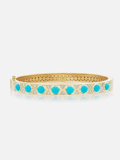 18k yellow gold hinged bangle with turquoise cabochons and diamond details. The perfect way to elevate your wrist stack, the Turquoise Cabochon bangle is one-sided and features a comfortable single hinge for ease of wear. Looks great alone or paired with friends! Made to order. The current lead time is 8-10 weeks. Turquoise Jewelry Gold, Turquoise Bangle, Wrist Stack, Wrist Stacks, Hermes Bracelet, Wrist Accessories, Hinged Bangle, Bangles Jewelry, Dream Jewelry