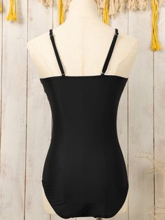 Black Spaghetti Straps Metal V Decor One-Piece Swimsuit Specifications: Item No: LC443912-P2 Product Weight: 0.17Kg Occasion: Vacation, Summer Color: Black Brand Category: Swimwear > One Piece Swimsuit Creation Time: 2024-01-30 Material: 82% Polyester + 18% Spandex Pattern: Solid Sleeve Length: Sleeveless Occasion: Beach Neckline: Spaghetti Strap Style: Elegant Silhouette: Sheath Support: Wire-free Pad: Padded Details: None Waist Line: None Description: This simple yet elegant one-piece swimsuit Black Spaghetti Straps Tankini For Beach, Black Spaghetti Strap Bodysuit For Beach, Black Bodysuit With Spaghetti Straps For Beach, Black Cami Bodysuit For Summer, Black Spaghetti Strap Swimwear With Lined Body, Black Strappy Tankini For Summer, Black Strapped Tankini For Summer, Black Summer Bodysuit With Adjustable Straps, Black Bodysuit With Built-in Bra And Spaghetti Straps