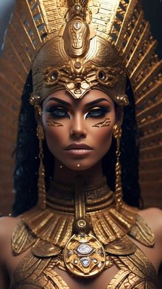 an egyptian woman with gold makeup and headdress