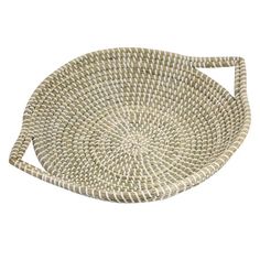 a white and brown basket on a white background with the handle extended to it's side