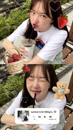 the girl is holding a teddy bear and strawberries in her hand while drinking from a cup