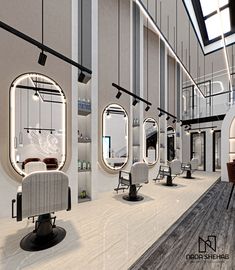 an artist's rendering of a hair salon with chairs and mirrors on the walls