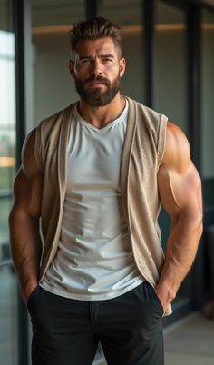 a man with a beard and no shirt standing in front of a glass wall wearing black pants