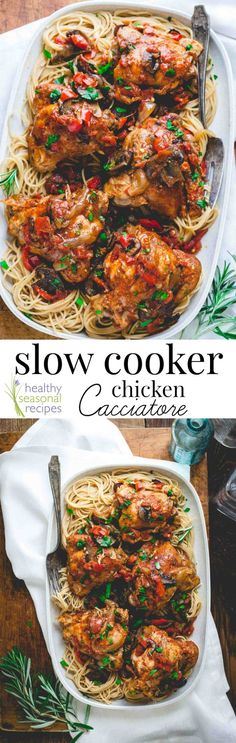 the cover of slow cooker chicken cacciatore is shown in two separate images