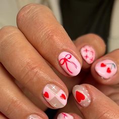 Cambria Seamons | Logan UT Nail Artist📍 on Instagram: "Some more valentines cuties!! 💌✨🎀🍒 100% hand painted nail art. #utahnails #utahnailtech #utahnailartist #utahnailsalon #utahnailart #loganutahnails #loganutahnailartist #loganutahnailtech #cachevalleynails #cachevalleynailtech #nailart #handpaintednailart #handpaintednails #handpaintedart #boycottboringnails #nailinspo #2023nailinspo #winternails #winternailinspo #valentinesnails #valentinesnailinspo #valentinesdaynails" Fun Valentines Nail Designs, Valentines Bow Nails, Valentines Candy Nails, Cute Simple Valentines Nails Short, Valentine’s Day Nail Art, Valentine’s Day Nail, Valentine’s Nails, Disney Valentines Nails, Valentine’s Day Nails