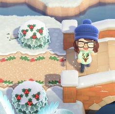 an animal crossing game with a person standing in the snow