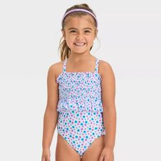 Cat & Jack Toddler Girls' Smocked One Piece Swimsuit ( Smocked Front With Playful Frills, Soft Tricot And Pique Materials, Crisscross Back, Sleeveless Design And Floral Print Pattern). Size: 12 Months Color: Multi Kids Swimsuits Bikinis, Girls Smock, Swim Brands, Easy Dressing, Sweet Style, Toddler Girl Outfits, Cover Up Dress, Kids Beachwear, Monokini