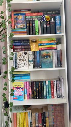 a bookshelf filled with lots of books next to a potted green plant