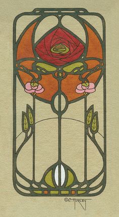 an art nouveau style stained glass window with a rose in the center and leaves on it