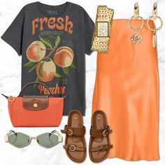 Satin Skirt Outfit Summer, Orange Skirt Outfit, Jumpsuit Outfit Ideas, Casual Chic Style Summer, Satin Skirt Outfit, Backpack Outfit, Orange Satin, Look Classy, Orange Skirt