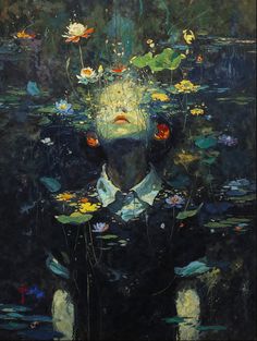 a painting of a woman floating in water with lily pads on her head and eyes open