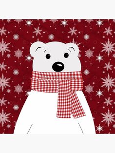 a polar bear wearing a scarf with snowflakes in the background