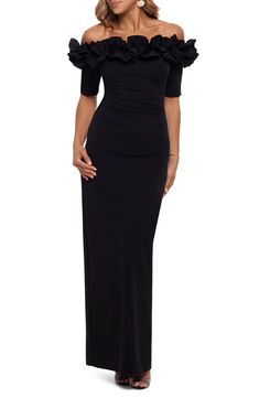 Xscape Ruffle Off the Shoulder Crepe Column Gown | Nordstrom Ruffled Gown, Knit Gown, High Low Gown, Xscape Dresses, Evening Dress Collection, Ruffle Gown, Sheath Gown, Long Sleeve Gown, Column Gown