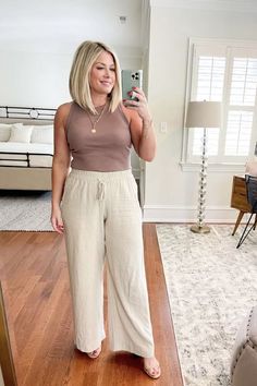 Linen Pants Outfit, Wide Leg Pants Outfit, Wide Leg Pants Outfits, Summer Pants Outfits, Pants Outfit Casual, Ribbed Tank Top, Wide Leg Linen Pants, Summer Fashion Trends