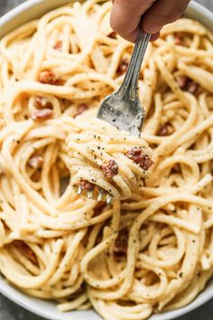 a person is holding a fork full of spaghetti with bacon and parmesan cheese