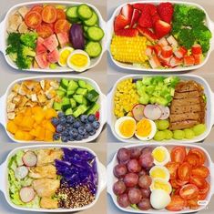 four trays filled with different types of vegetables and fruits in each one, all on separate plates