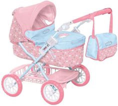 a pink and blue baby stroller next to a bag