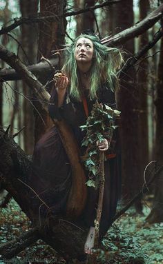 a woman with green hair is sitting on a tree branch in the middle of a forest