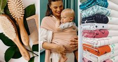 a woman holding a baby in her arms while standing next to a pile of folded towels