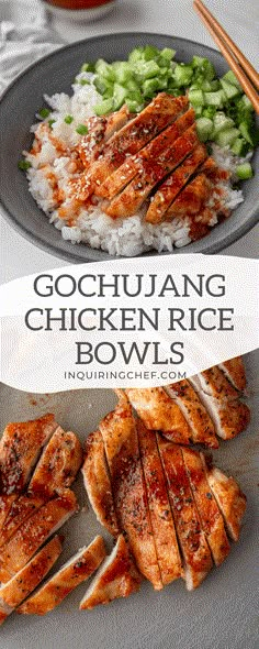 chicken rice bowls with chopsticks and vegetables on the side, along with text overlay reading gochuang chicken rice bowls