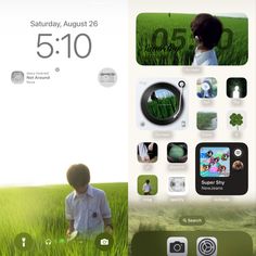 an image of a child sitting in the grass looking at his cell phone with icons on it