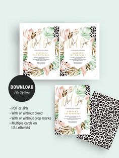 the printable wedding suite includes two matching cards, one with an animal print pattern