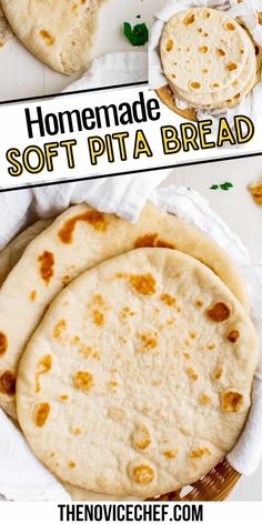 homemade soft pita bread on a white plate with text overlay that reads homemade soft pita bread