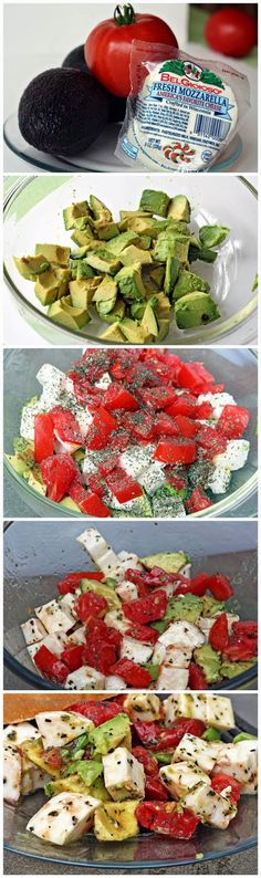 four pictures showing different types of food being prepared