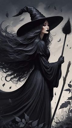 a woman dressed as a witch with long hair and black dress holding a broom in her hand