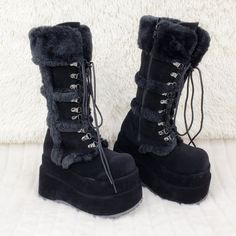 4.5" (12.7cm) Platform Goth Punk Calf Boots Faux Fur Trim And Upper Cuff Detail Full Inner Side Zipper Cushioned Foot-Bed Us Woman's Sizes New In Original Demonia Box Black Fur Boots, Demonia Boots, Demonia Shoes, Dr Shoes, Snow Outfit, Emo Outfits, Star Shoes, Foot Bed, Goth Punk