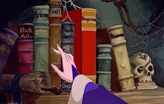 an animated image of a woman in front of books on a shelf with her hand up