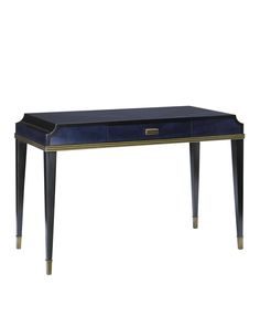 a blue desk with gold trimmings on the top and bottom, against a white background