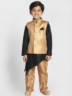 VASTRAMAY Boys' Gold Cotton Silk Blend Nehru Jacket This VASTRAMAY Boys' Gold Cotton Silk Blend Nehru Jacket is the perfect addition to your child's wardrobe for festive occasions and formal events. Crafted with a luxurious cotton silk blend, this jacket combines traditional elegance with modern style, making it a versatile piece for various occasions. Key Features Elegant gold color Traditional Nehru collar Comfortable cotton silk blend fabric Front button closure Two front pockets Suitable for Traditional Bandhgala For Festive Occasions In Fall, Traditional Bandhgala For Festive Fall Season, Traditional Bandhgala For Festive Fall Occasions, Traditional Festive Sets For Fall, Gold Nehru Jacket For Festive Parties, Festive Gold Nehru Jacket For Party, Long Sleeve Traditional Wear For Winter Party, Gold Long Sleeve Party Wear Sets, Traditional Gold Nehru Jacket For Party