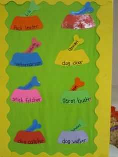 a bulletin board with pictures of dogs on it