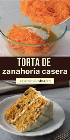 carrot cake with white frosting and shredded carrots in a bowl on the side