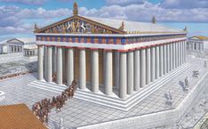 an artist's rendering of the parthenion in ancient greek architecture, with people walking around it